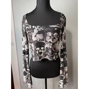 Social Collision Graphic Punk Whimsygoth Bell Flowy Sleeve Punk Metal Sheer Top